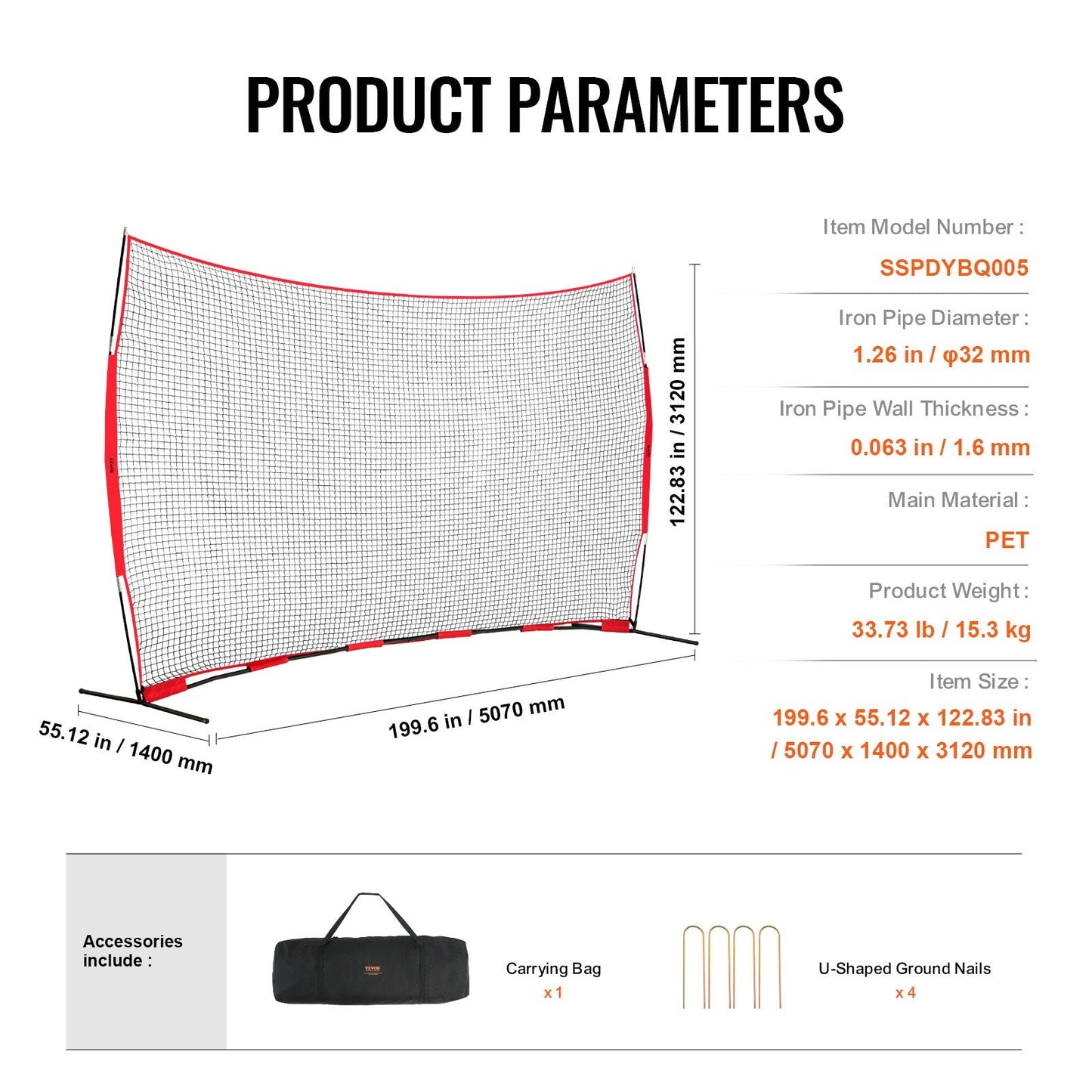 Portable Sports Barrier Net, 5x3m with Carry Bag for Training and Practice