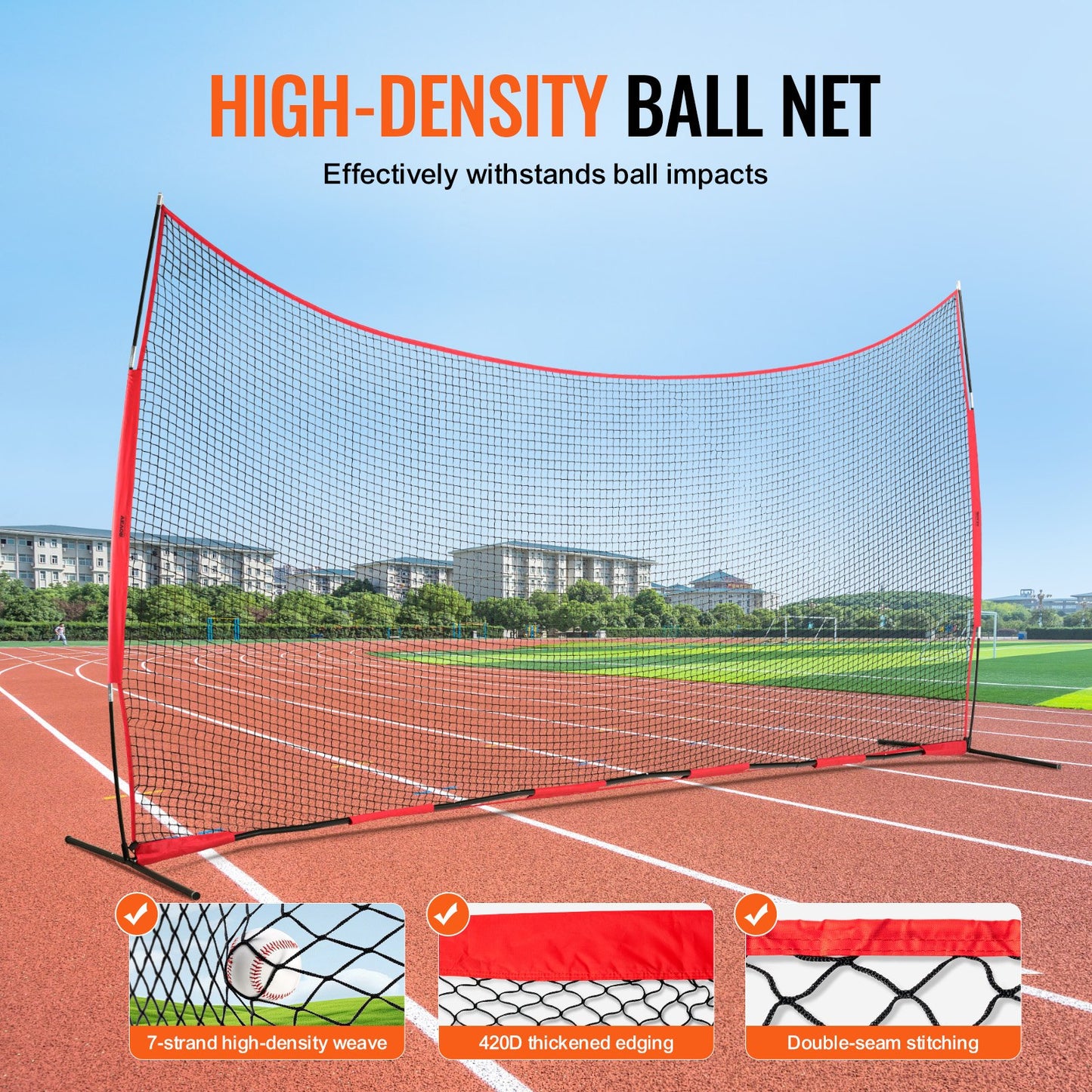 VEVOR Barricade Backstop Net, 20x10 ft Ball Sports Barrier Netting, Portable Practice