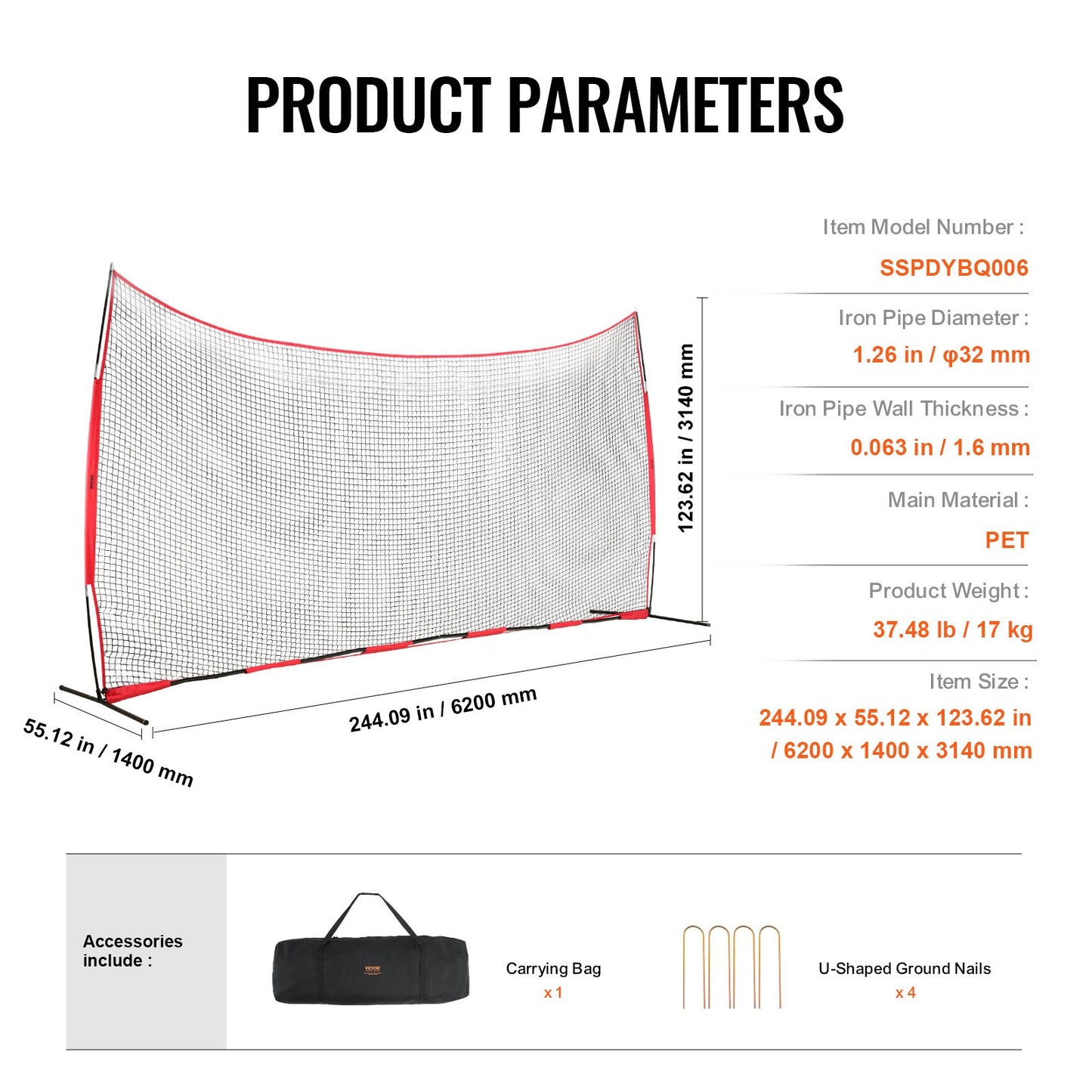 VEVOR Barricade Backstop Net, 20x10 ft Ball Sports Barrier Netting, Portable Practice