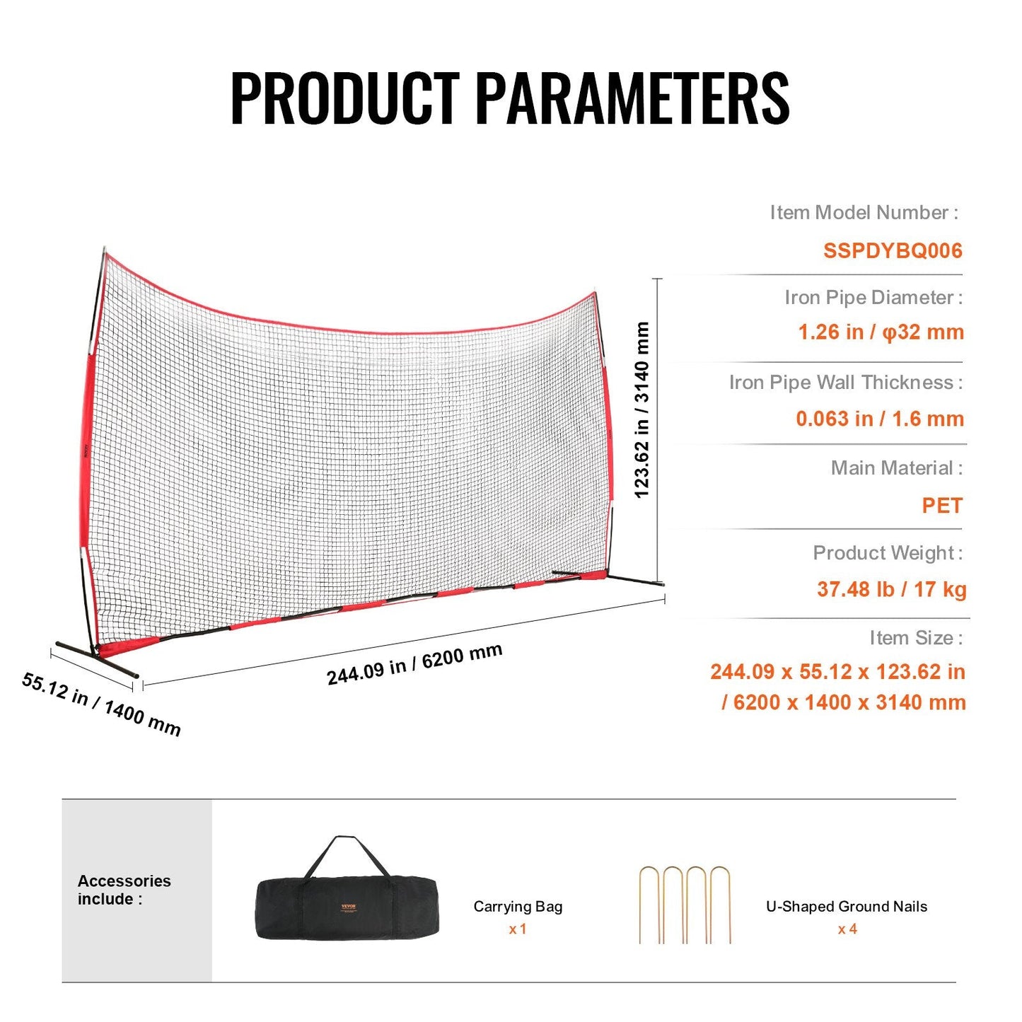 Portable 6x3m Sports Barrier Net for Training - Baseball, Soccer, Lacrosse