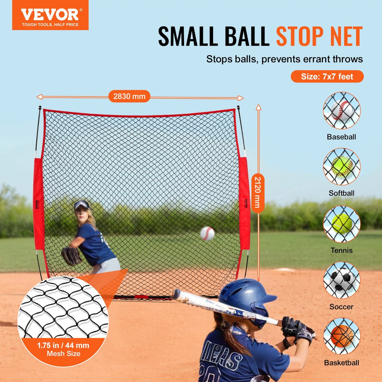 VEVOR Barricade Backstop Net, 7x7 ft Ball Sports Barrier Netting, Portable Practice