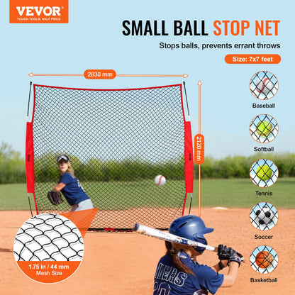 VEVOR Barricade Backstop Net, 7x7 ft Ball Sports Barrier Netting, Portable Practice