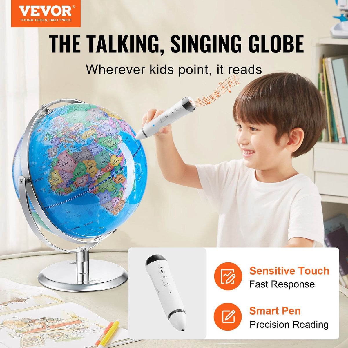 Interactive Talking Globe for Kids with Smart Pen & LED Light, 228.6 mm