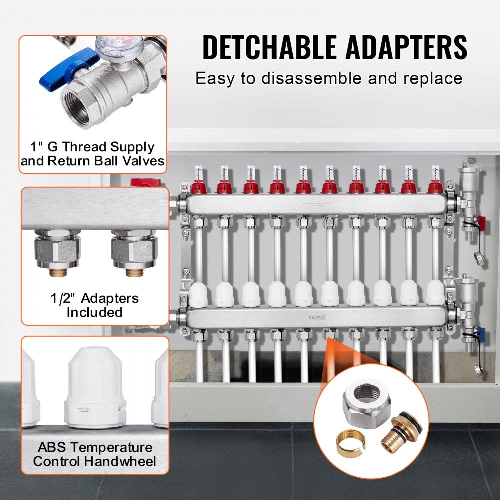10-Branch Radiant Heat Manifold 1/2" PEX Tubing Floor Heating Manifold Set
