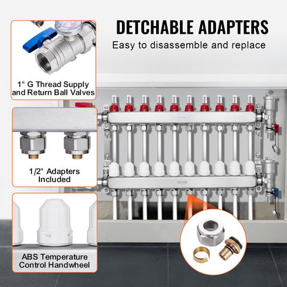 10-Branch Radiant Heat Manifold 1/2" PEX Tubing Floor Heating Manifold Set