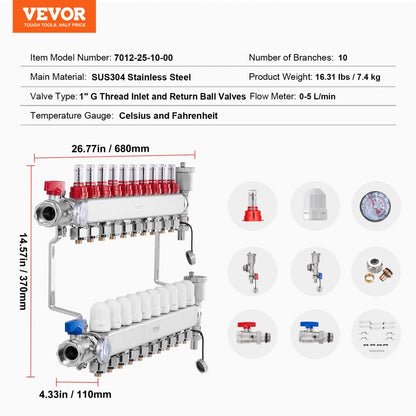 10-Branch Radiant Heat Manifold 1/2" PEX Tubing Floor Heating Manifold Set