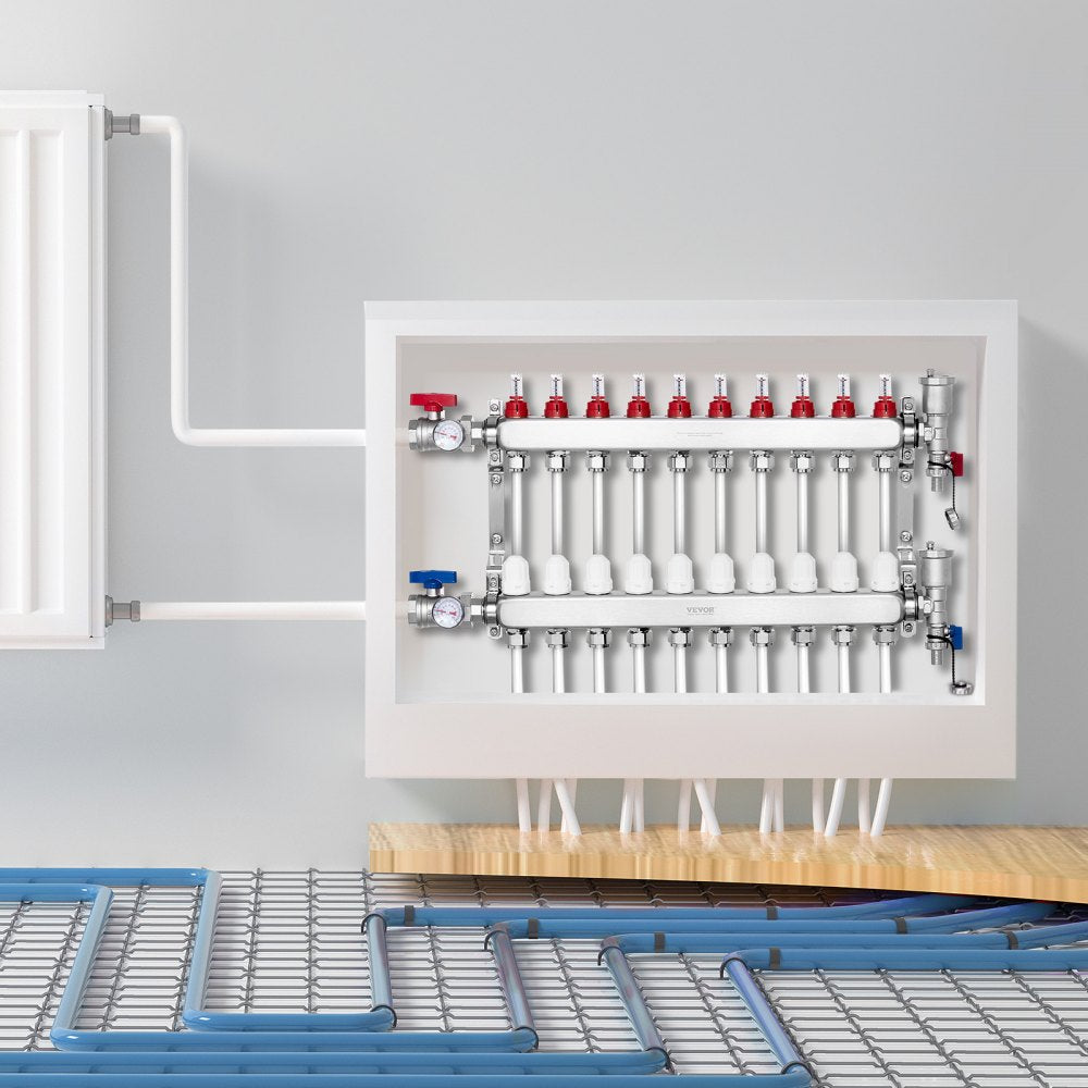 10-Branch Radiant Heat Manifold 1/2" PEX Tubing Floor Heating Manifold Set