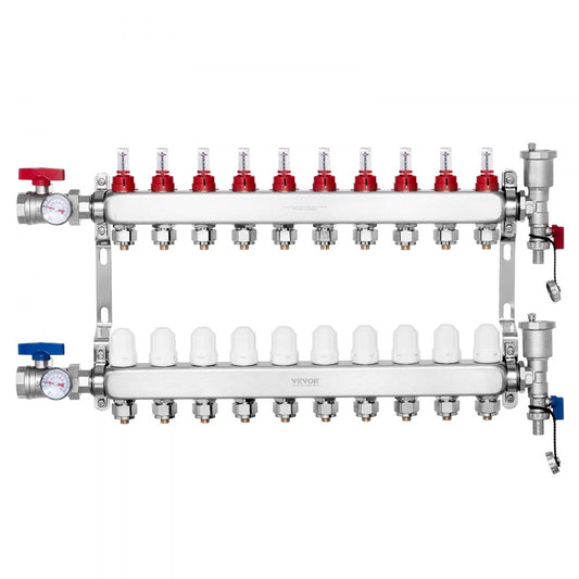 10-Branch Radiant Heat Manifold 1/2" PEX Tubing Floor Heating Manifold Set