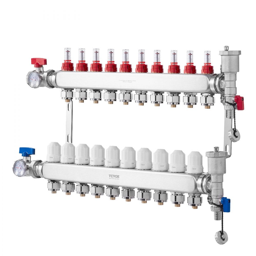 10-Branch Radiant Heat Manifold 1/2" PEX Tubing Floor Heating Manifold Set