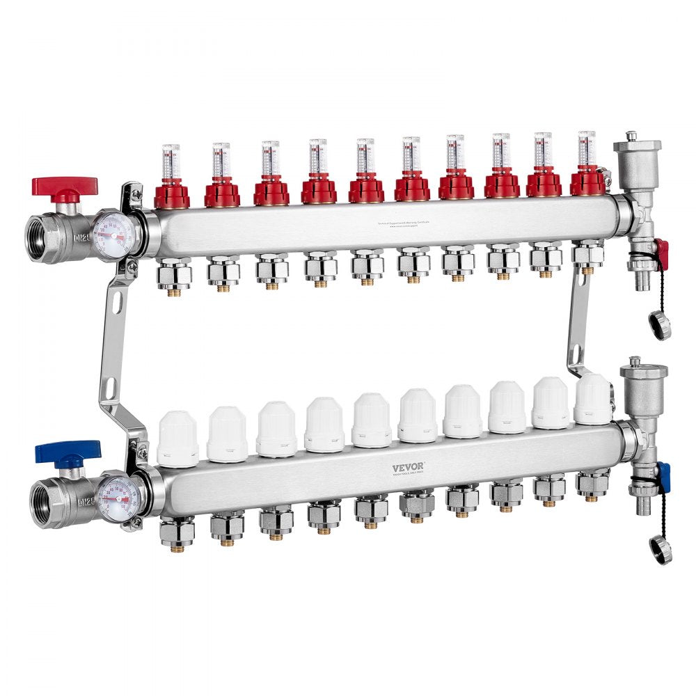 10-Branch Radiant Heat Manifold 1/2" PEX Tubing Floor Heating Manifold Set