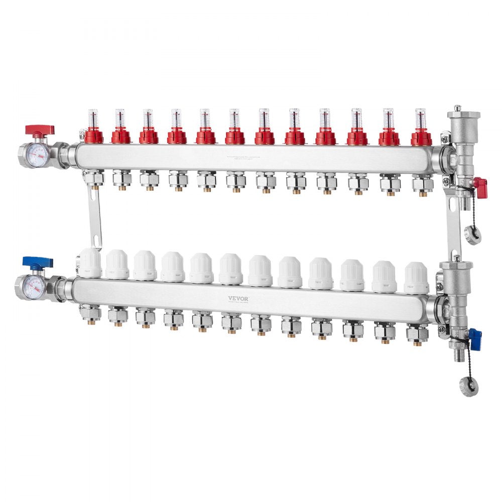 VEVOR 12-Branch Radiant Heat Manifold 1/2" PEX Tubing Floor Heating Manifold Set