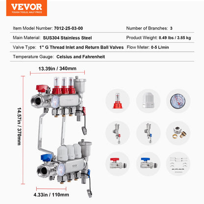 3-Branch Radiant Heat Manifold, 1/2" PEX Tubing Manifold, Stainless Steel PEX Manifold for Hydronic Radiant Floor Heating, Radiant Heat PEX Manifold Kit with 1/2" Adapters Included