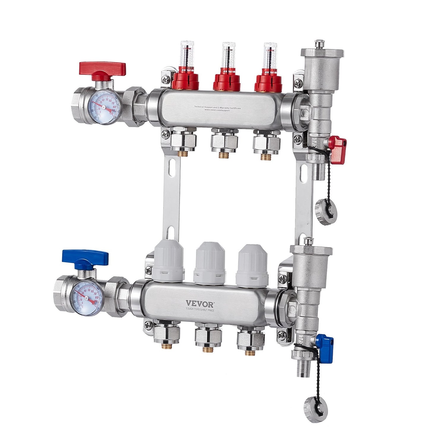 3-Branch Radiant Heat Manifold, 1/2" PEX Tubing Manifold, Stainless Steel PEX Manifold for Hydronic Radiant Floor Heating, Radiant Heat PEX Manifold Kit with 1/2" Adapters Included