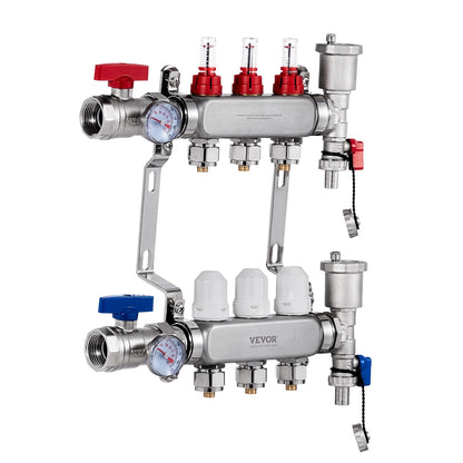 3-Branch Radiant Heat Manifold, 1/2" PEX Tubing Manifold, Stainless Steel PEX Manifold for Hydronic Radiant Floor Heating, Radiant Heat PEX Manifold Kit with 1/2" Adapters Included