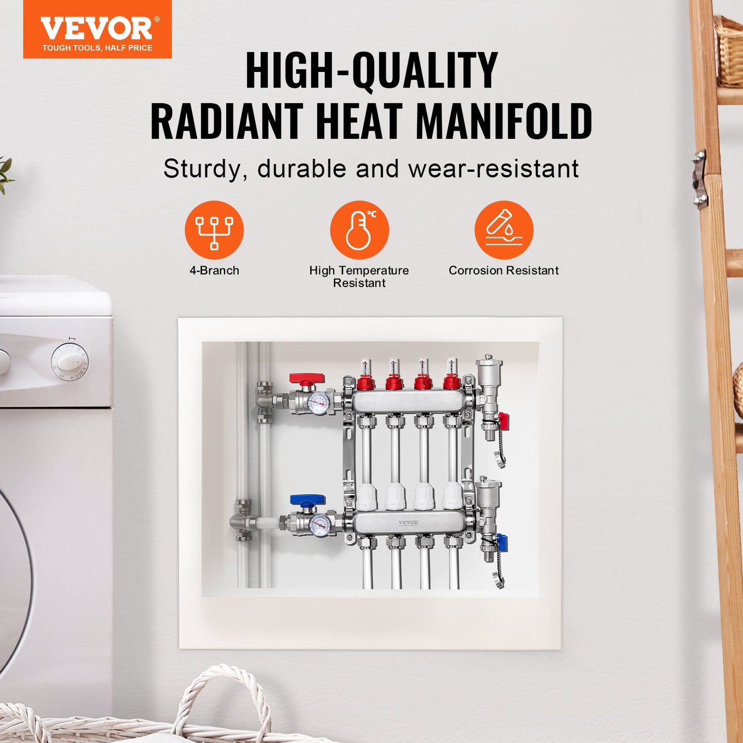 4-Branch Radiant Heat Manifold, 1/2" PEX Tubing Manifold, Stainless Steel PEX Manifold for Hydronic Radiant Floor Heating, Radiant Heat PEX Manifold Kit with 1/2" Adapters Included