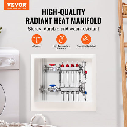 4-Branch Radiant Heat Manifold, 1/2" PEX Tubing Manifold, Stainless Steel PEX Manifold for Hydronic Radiant Floor Heating, Radiant Heat PEX Manifold Kit with 1/2" Adapters Included