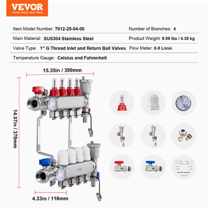4-Branch Radiant Heat Manifold, 1/2" PEX Tubing Manifold, Stainless Steel PEX Manifold for Hydronic Radiant Floor Heating, Radiant Heat PEX Manifold Kit with 1/2" Adapters Included