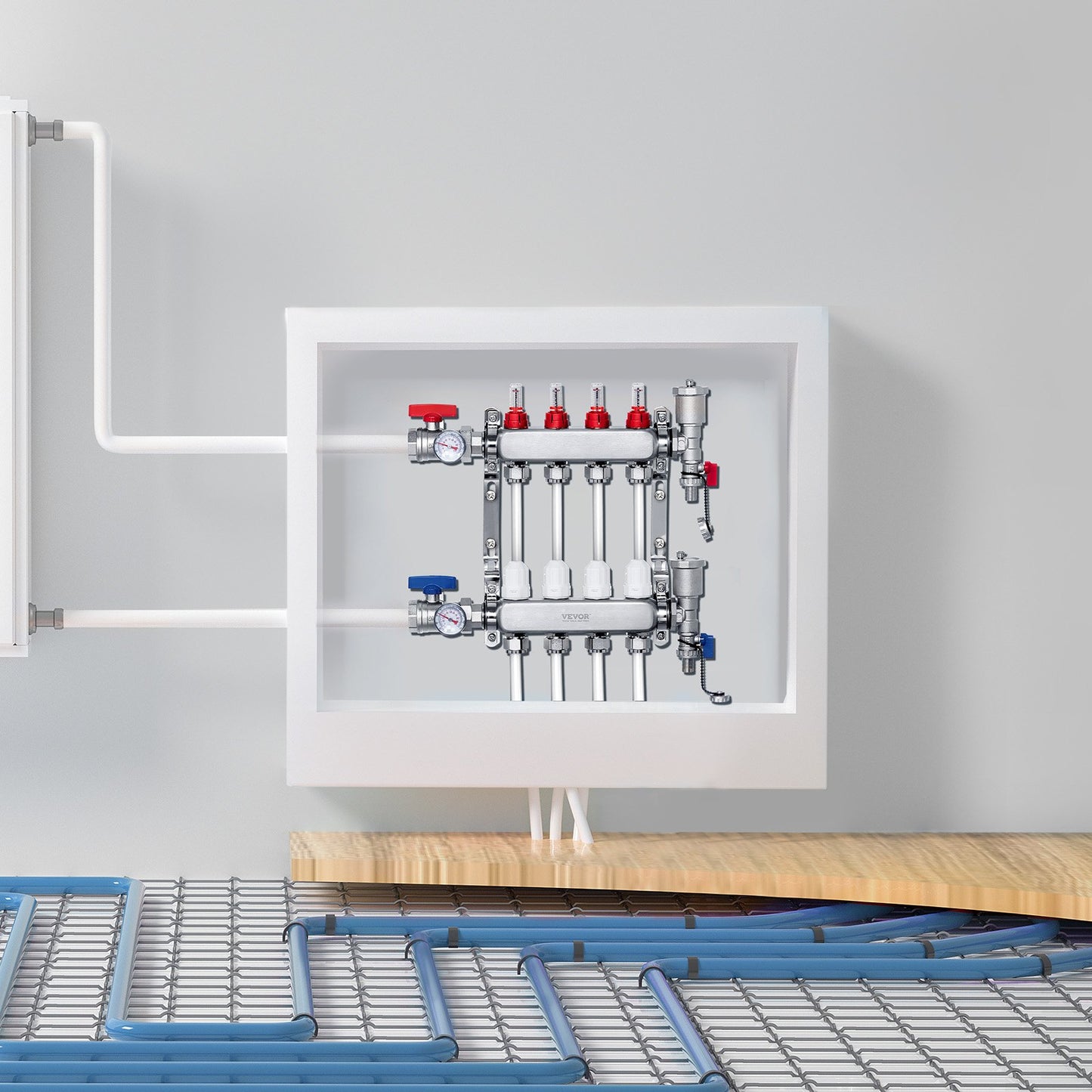 4-Branch Radiant Heat Manifold, 1/2" PEX Tubing Manifold, Stainless Steel PEX Manifold for Hydronic Radiant Floor Heating, Radiant Heat PEX Manifold Kit with 1/2" Adapters Included