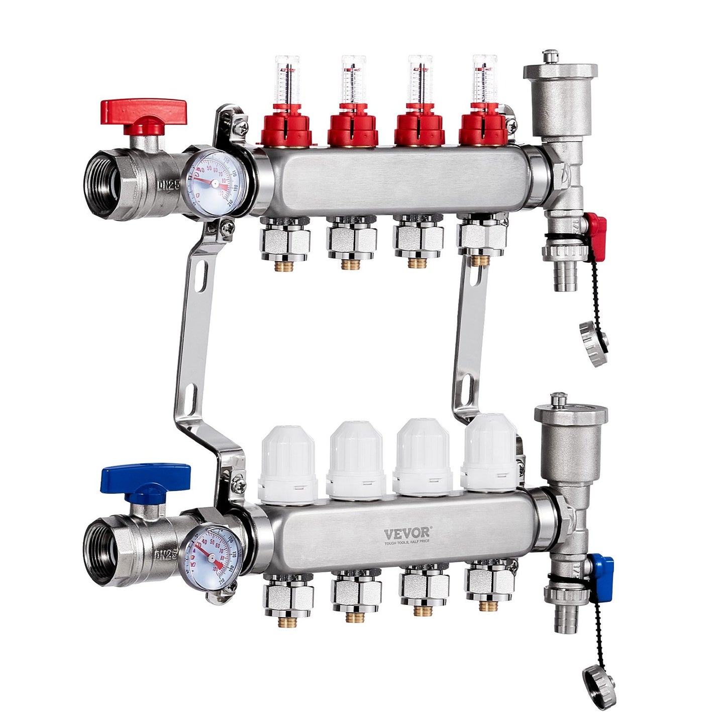 4-Branch Radiant Heat Manifold, 1/2" PEX Tubing Manifold, Stainless Steel PEX Manifold for Hydronic Radiant Floor Heating, Radiant Heat PEX Manifold Kit with 1/2" Adapters Included