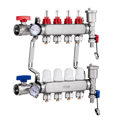 4-Branch Radiant Heat Manifold, 1/2" PEX Tubing Manifold, Stainless Steel PEX Manifold for Hydronic Radiant Floor Heating, Radiant Heat PEX Manifold Kit with 1/2" Adapters Included