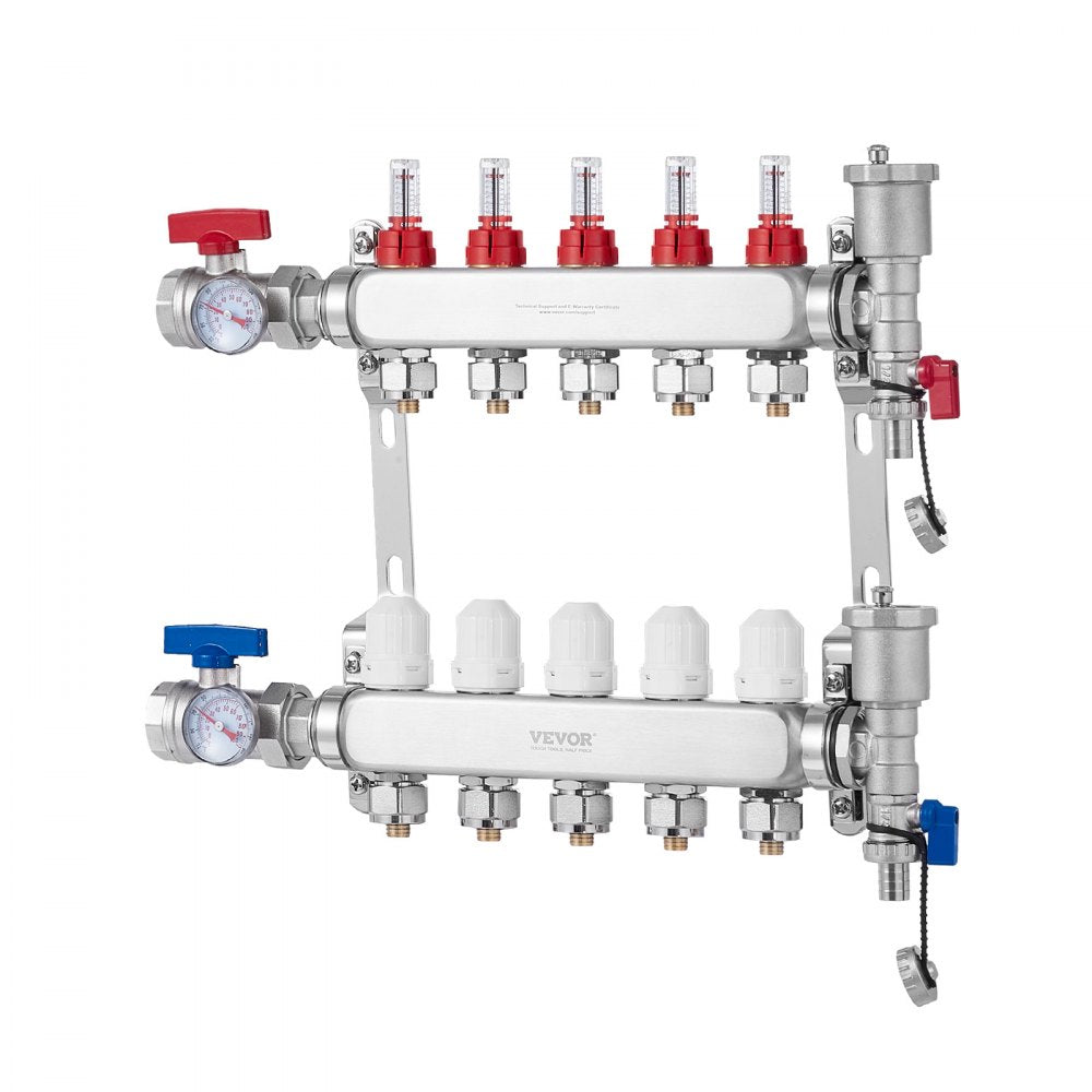 VEVOR 5-Branch Radiant Heat Manifold 1/2" PEX Tubing Floor Heating Manifold Set