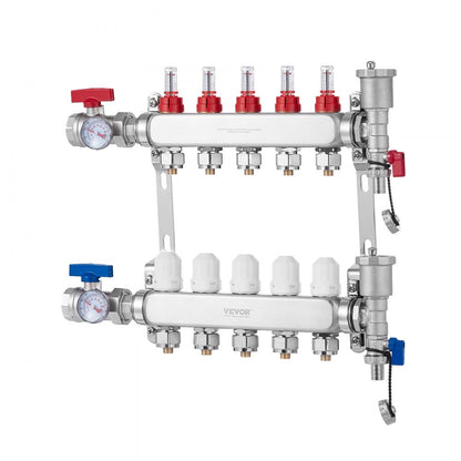 VEVOR 5-Branch Radiant Heat Manifold 1/2" PEX Tubing Floor Heating Manifold Set