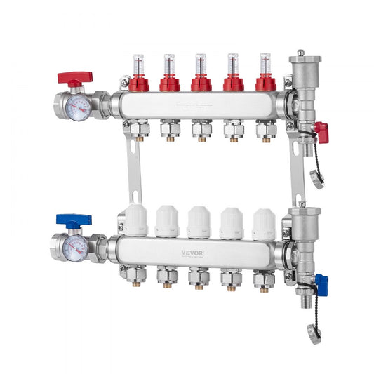 VEVOR 5-Branch Radiant Heat Manifold 1/2" PEX Tubing Floor Heating Manifold Set
