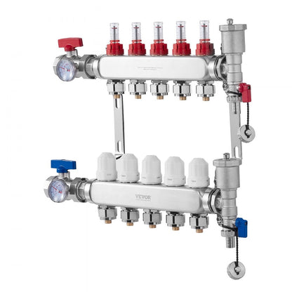 VEVOR 5-Branch Radiant Heat Manifold 1/2" PEX Tubing Floor Heating Manifold Set