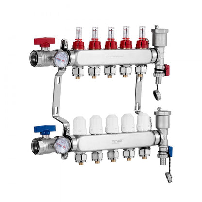 VEVOR 5-Branch Radiant Heat Manifold 1/2" PEX Tubing Floor Heating Manifold Set