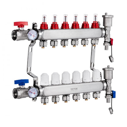 VEVOR 6-Branch Radiant Heat Manifold 1/2" PEX Tubing Floor Heating Manifold Set