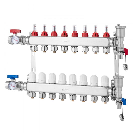 VEVOR 8-Branch Radiant Heat Manifold 1/2" PEX Tubing Floor Heating Manifold Set