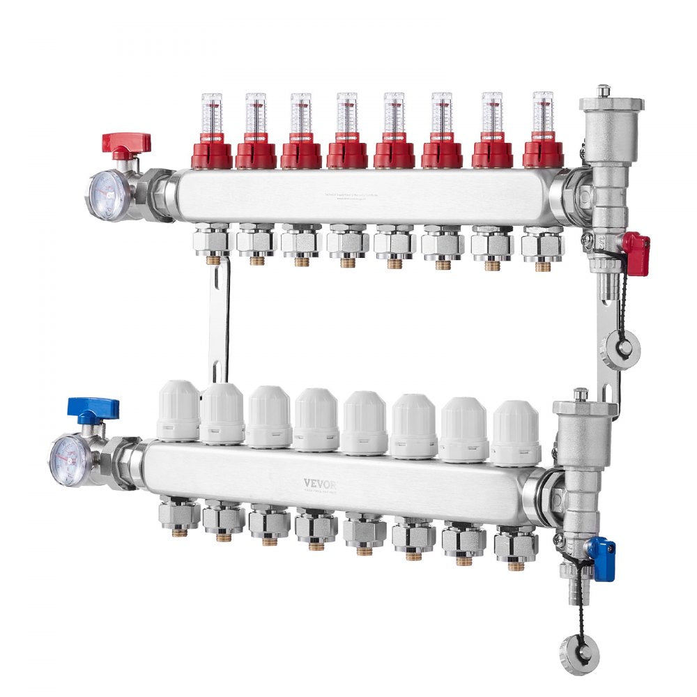 VEVOR 8-Branch Radiant Heat Manifold 1/2" PEX Tubing Floor Heating Manifold Set