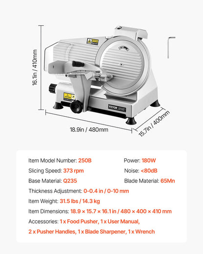VEVOR Meat Slicer 180W 250 mm Electric Deli Food Slicer for Meat Bread Cheese