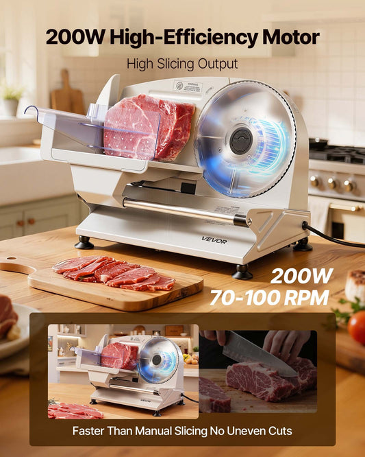 Meat Slicer, Electric Deli Slicer with Two 190mm SUS420 Blades & 0-15mm Adjustable Thickness, 200W Home Food-Slicer for Frozen Meat, Ham, Baguett, Steak