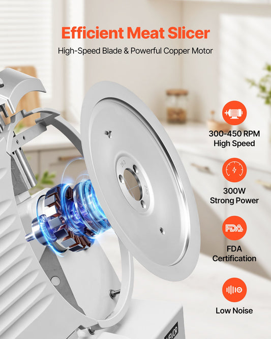 Commercial Meat Slicer, 300W Electric Cutter, Removable 25cm Carbon Steel Blade and Food Tray, 0-12mm Adjustable Thickness Food Slicer Machine,for Frozen Meat, Ham, Baguett, Steak, ETL Approved