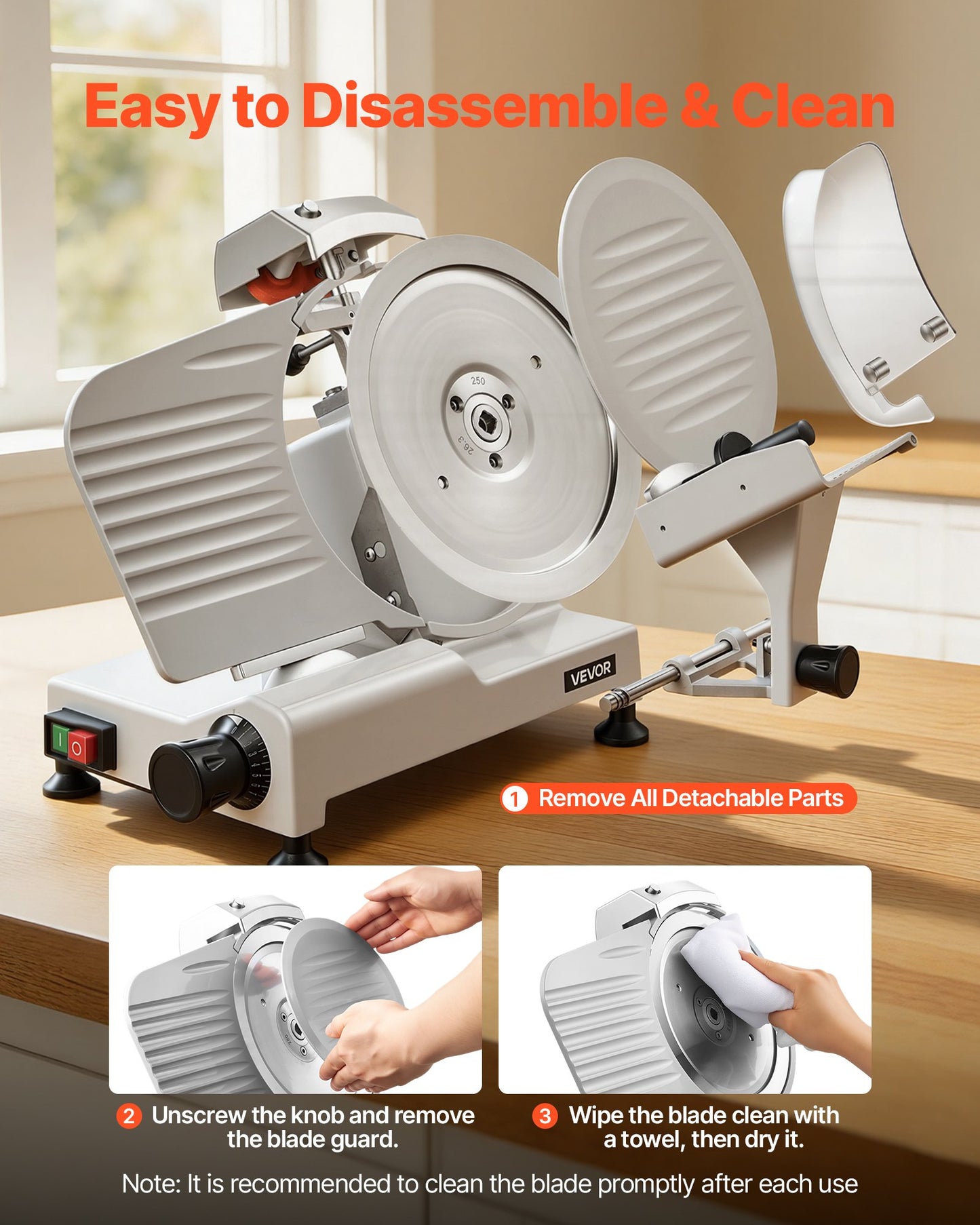 Commercial Meat Slicer, 300W Electric Cutter, Removable 25cm Carbon Steel Blade and Food Tray, 0-12mm Adjustable Thickness Food Slicer Machine,for Frozen Meat, Ham, Baguett, Steak, ETL Approved