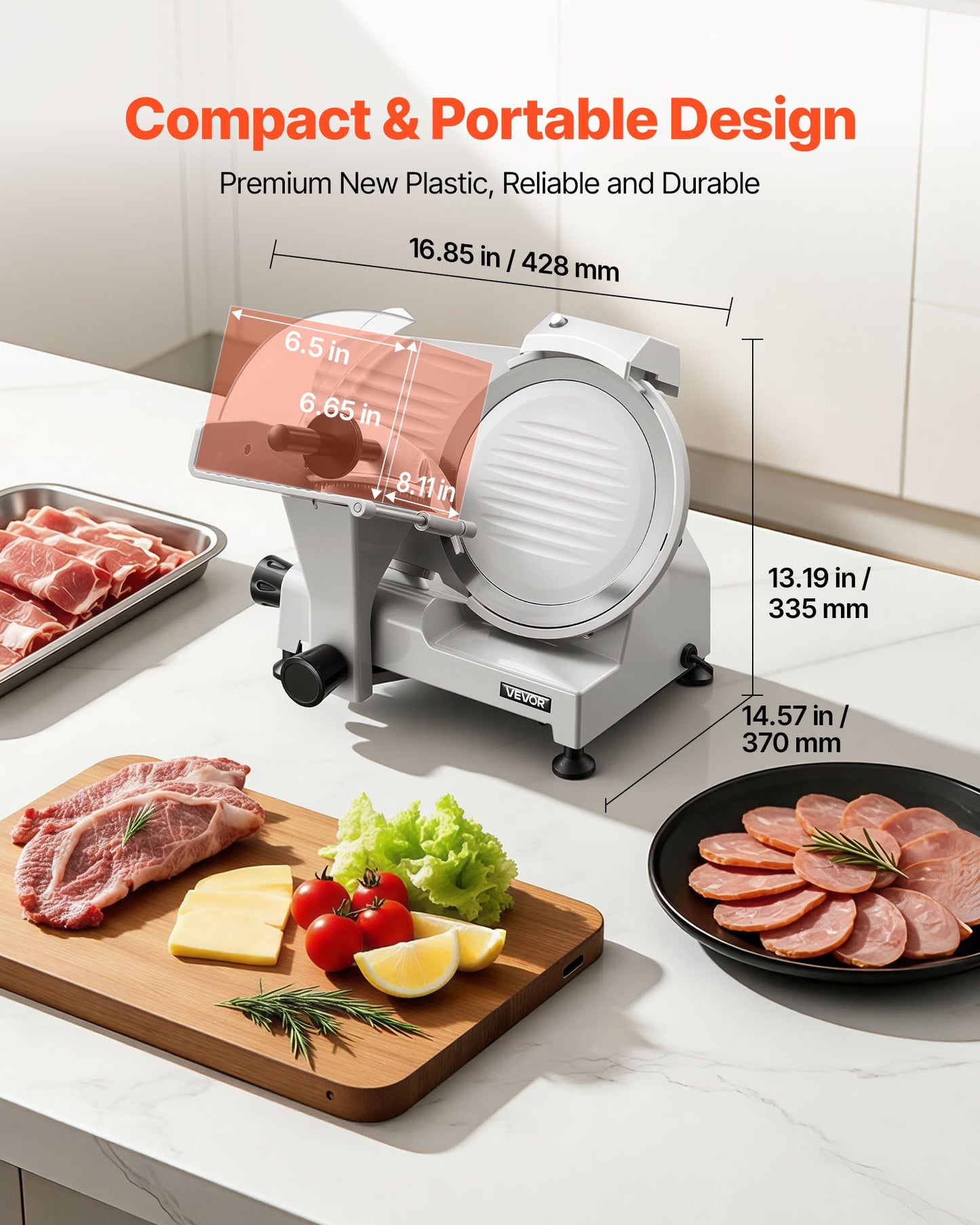 Commercial Meat Slicer, 300W Electric Cutter, Removable 25cm Carbon Steel Blade and Food Tray, 0-12mm Adjustable Thickness Food Slicer Machine,for Frozen Meat, Ham, Baguett, Steak, ETL Approved