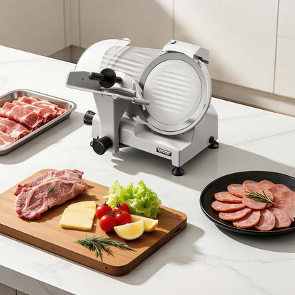 Commercial Meat Slicer, 300W Electric Cutter, Removable 25cm Carbon Steel Blade and Food Tray, 0-12mm Adjustable Thickness Food Slicer Machine,for Frozen Meat, Ham, Baguett, Steak, ETL Approved