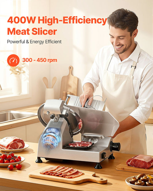 Commercial Meat Slicer, 400W Electric Cutter, Removable 30cm Carbon Steel Blade and Food Tray, 0-15mm Adjustable Thickness Food Slicer Machine, for Frozen Meat, Ham, Baguett, Steak, ETL Approved
