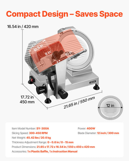 Commercial Meat Slicer, 400W Electric Cutter, Removable 30cm Carbon Steel Blade and Food Tray, 0-15mm Adjustable Thickness Food Slicer Machine, for Frozen Meat, Ham, Baguett, Steak, ETL Approved