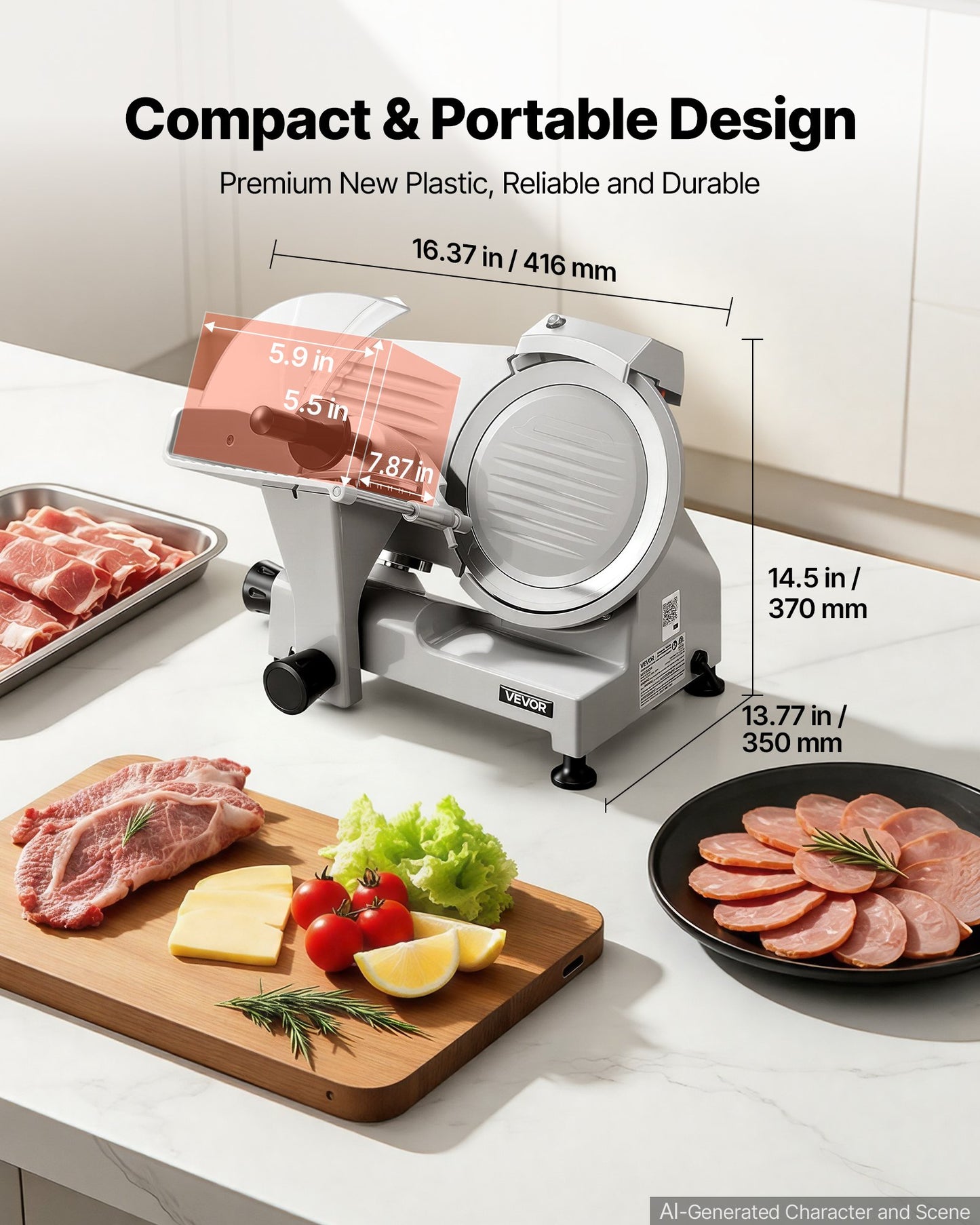 Commercial Meat Slicer 300W Electric Cutter 22cm Carbon Steel Blade, Food Slicer Machine with Removable Blade and Food Tray, 0-12mm Adjustable Thickness ,for Frozen Meat, Ham, Baguett, Steak