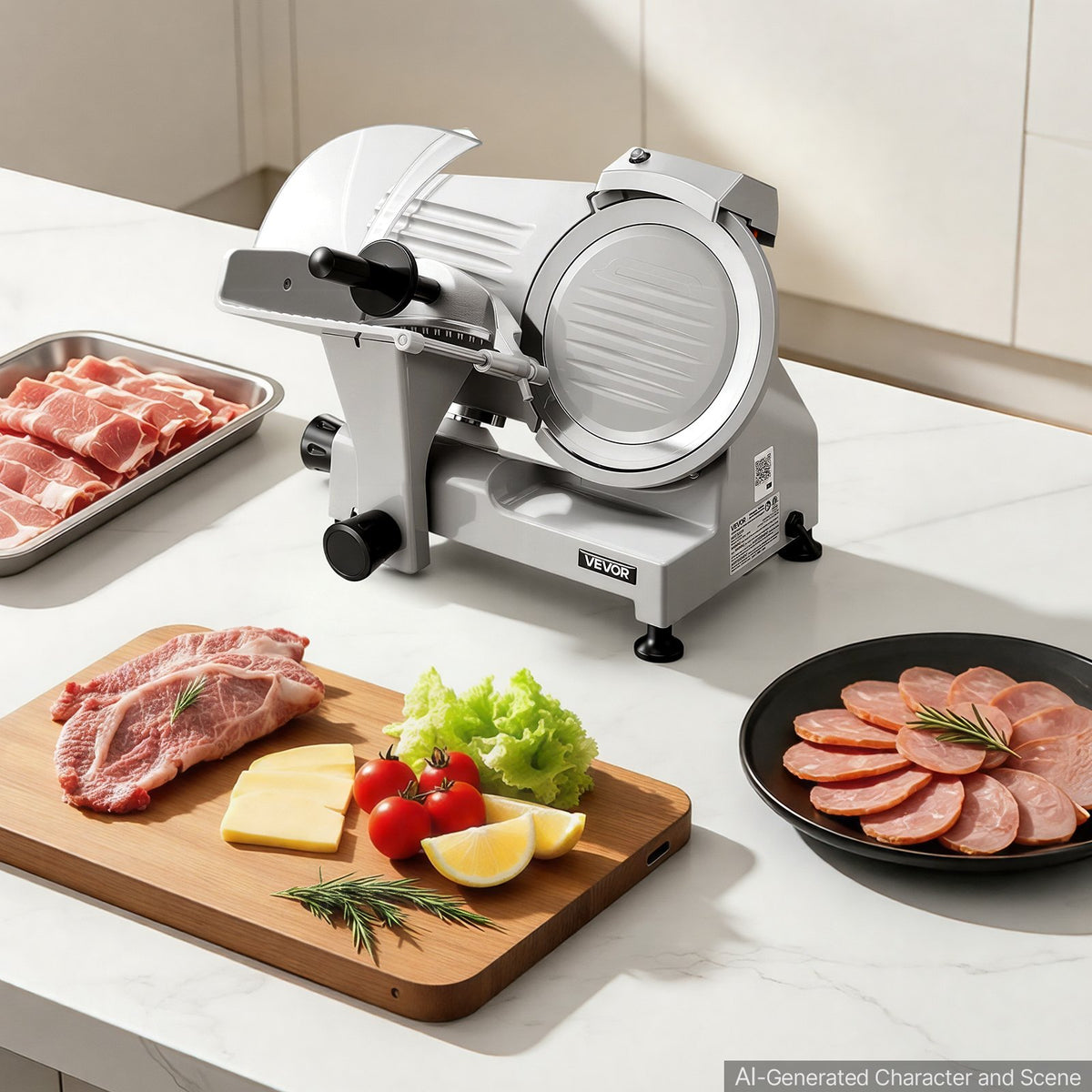 Commercial Meat Slicer 300W Electric Cutter 22cm Carbon Steel Blade, Food Slicer Machine with Removable Blade and Food Tray, 0-12mm Adjustable Thickness ,for Frozen Meat, Ham, Baguett, Steak