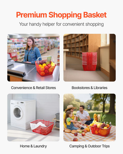 Shopping Baskets, 12 PCS, 22L Stackable Metal Grocery Baskets with Handles, Dense Mesh Structure, Holds up to 20 kg, Portable for Grocery, Retail, Stores, Supermarket, Bookstore, Home Use, Red