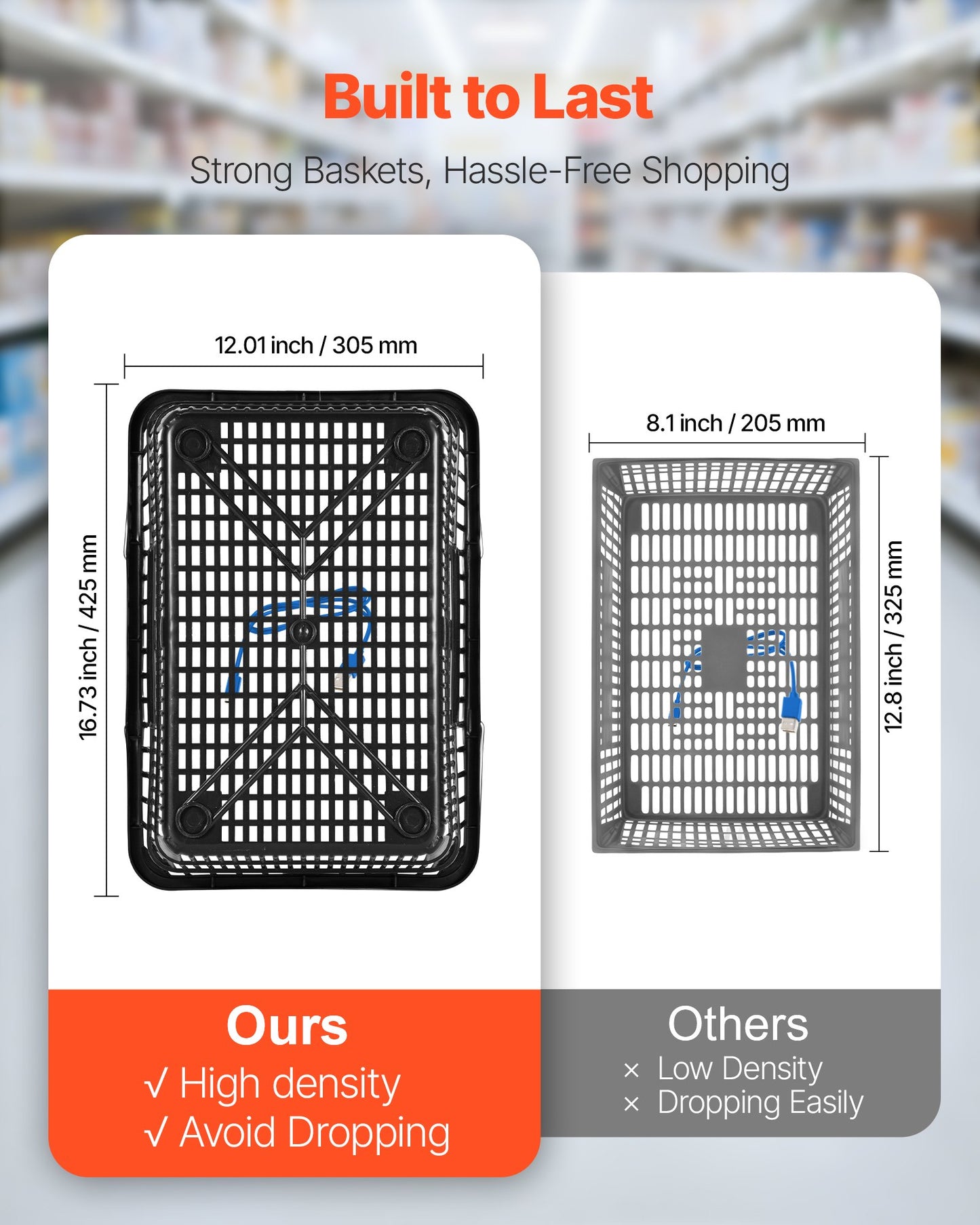 Shopping Baskets, 12 PCS, 21L Stackable PE Plastic Grocery Baskets with Handles, Dense Mesh Structure, Holds up to 9.07kg, Portable for Grocery, Retail, Stores, Supermarket, Home Use, Black