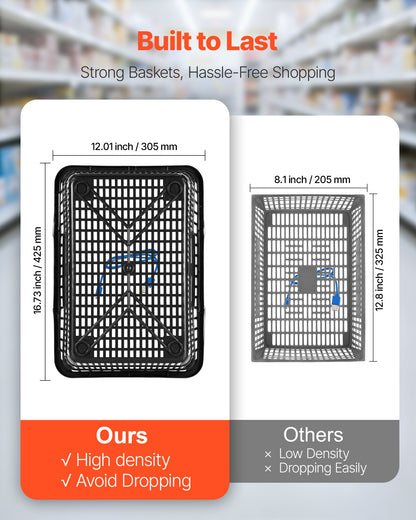 Shopping Baskets, 12 PCS, 21L Stackable PE Plastic Grocery Baskets with Handles, Dense Mesh Structure, Holds up to 9.07kg, Portable for Grocery, Retail, Stores, Supermarket, Home Use, Black