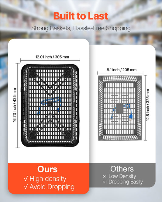 Shopping Baskets, 12 PCS, 21L Stackable PE Plastic Grocery Baskets with Handles, Dense Mesh Structure, Holds up to 9.07kg, Portable for Grocery, Retail, Stores, Supermarket, Home Use, Black