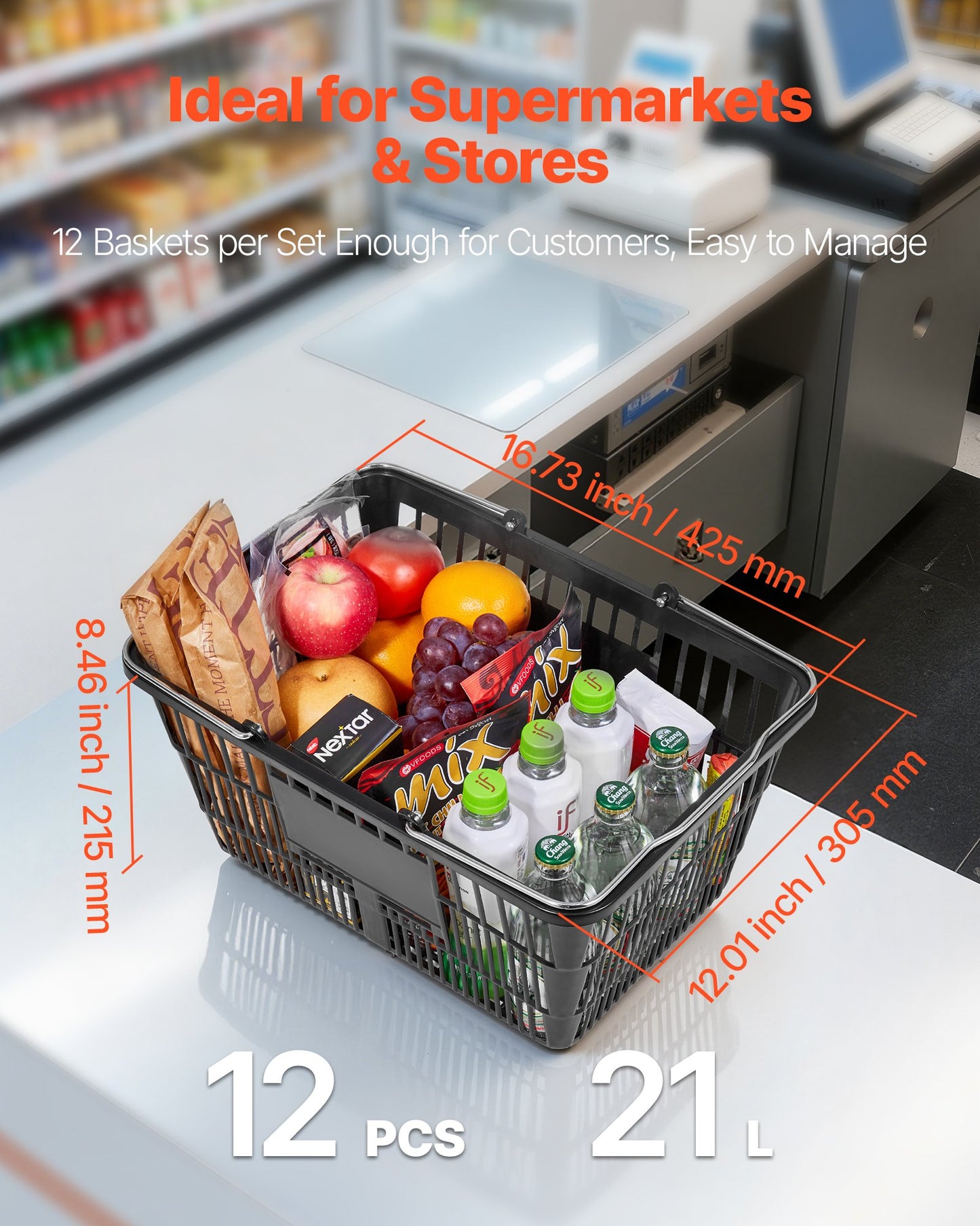 Shopping Baskets, 12 PCS, 21L Stackable PE Plastic Grocery Baskets with Handles, Dense Mesh Structure, Holds up to 9.07kg, Portable for Grocery, Retail, Stores, Supermarket, Home Use, Black