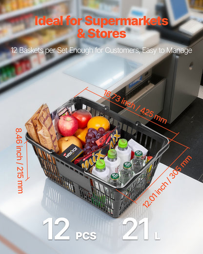 Shopping Baskets, 12 PCS, 21L Stackable PE Plastic Grocery Baskets with Handles, Dense Mesh Structure, Holds up to 9.07kg, Portable for Grocery, Retail, Stores, Supermarket, Home Use, Black