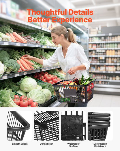 Shopping Baskets, 12 PCS, 21L Stackable PE Plastic Grocery Baskets with Handles, Dense Mesh Structure, Holds up to 9.07kg, Portable for Grocery, Retail, Stores, Supermarket, Home Use, Black