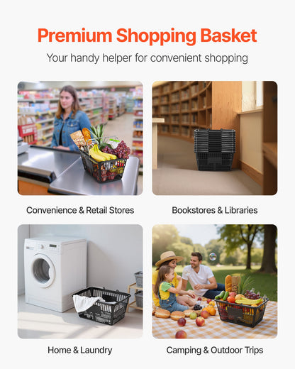 Shopping Baskets, 12 PCS, 21L Stackable PE Plastic Grocery Baskets with Handles, Dense Mesh Structure, Holds up to 9.07kg, Portable for Grocery, Retail, Stores, Supermarket, Home Use, Black